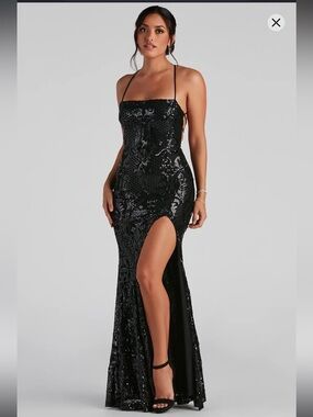 Windsor Black Azalea Formal High Slit Open Tie Back Sequin Elegant Dress Large